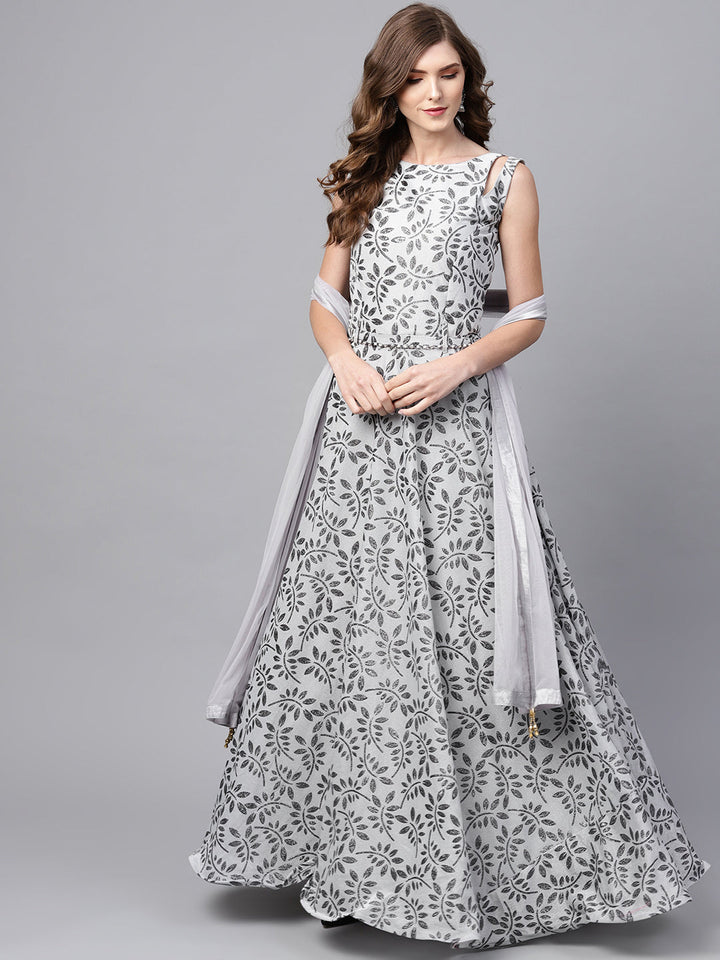 Foil Print Anarkali Dress with matching Belt and Dupatta