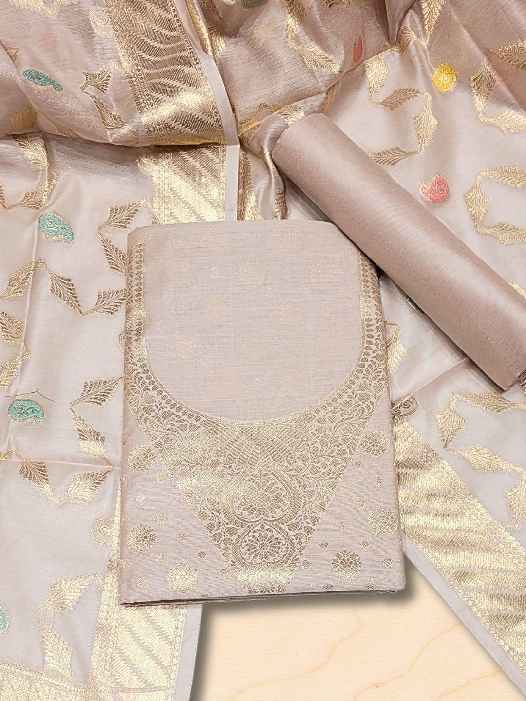 Chhabra 555 Banarasi Tissue Pastel Dress Material with Zari Weaving  & Jhallar Meenakari Dupatta