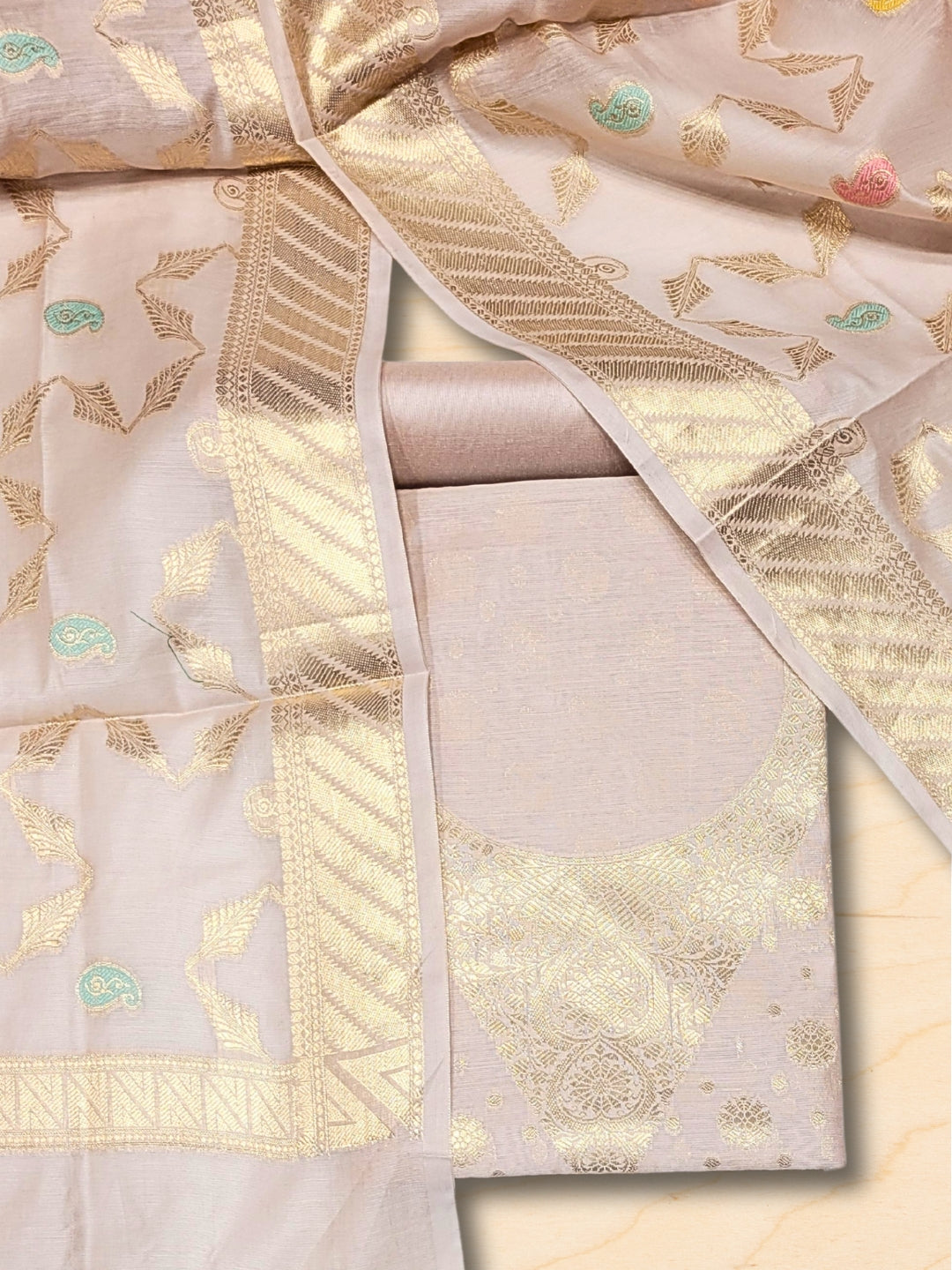 Banarasi Tissue Pastel Dress Material with Zari Weaving  & Jhallar Meenakari Dupatta