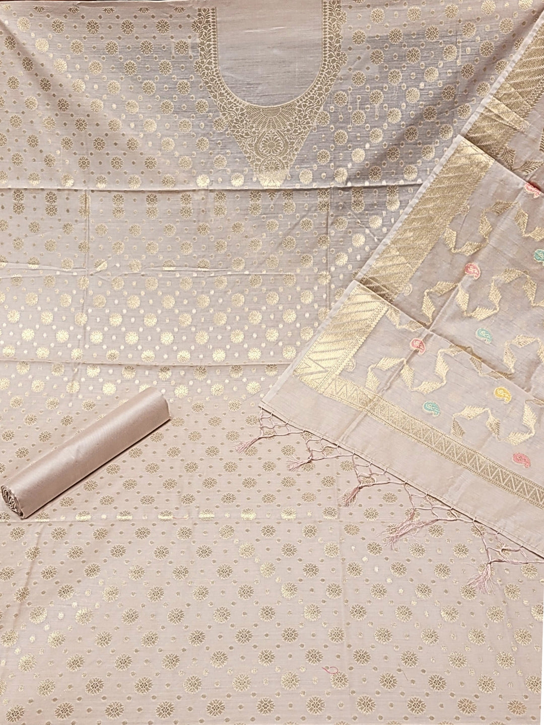 Banarasi Tissue Pastel Dress Material with Zari Weaving  & Jhallar Meenakari Dupatta