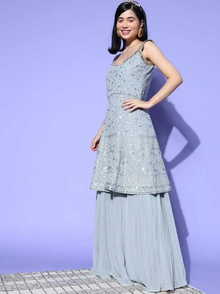 Grey Peplum Kurta, Pleated Lehenga Set & Heavy Net Dupatta