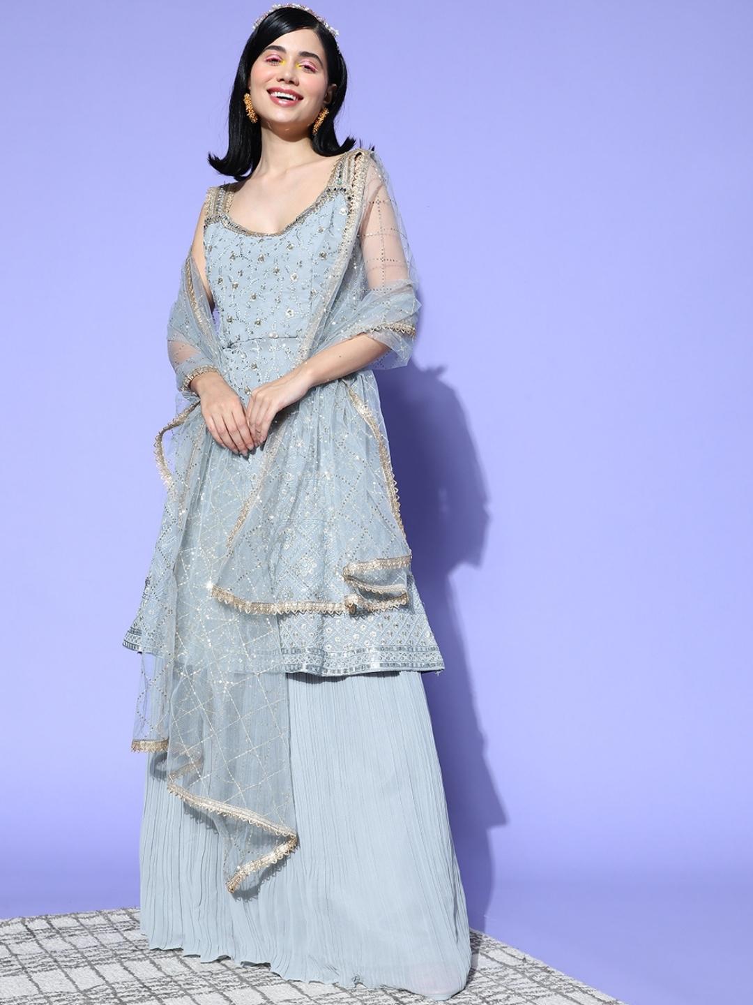 Grey Peplum Kurta, Pleated Lehenga Set & Heavy Net Dupatta