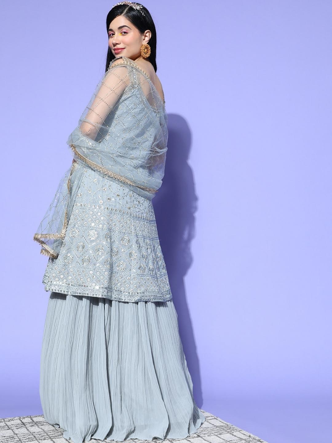 Grey Peplum Kurta, Pleated Lehenga Set & Heavy Net Dupatta
