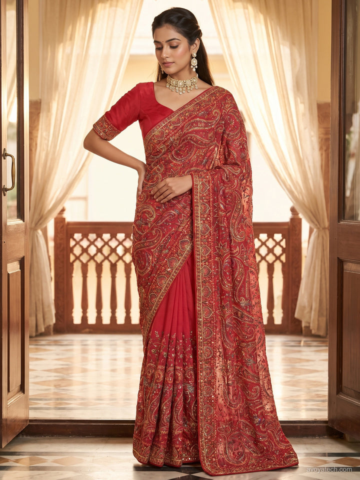 Georgette Saree with Paisley Zari & Sequin Border and Blouse Piece
