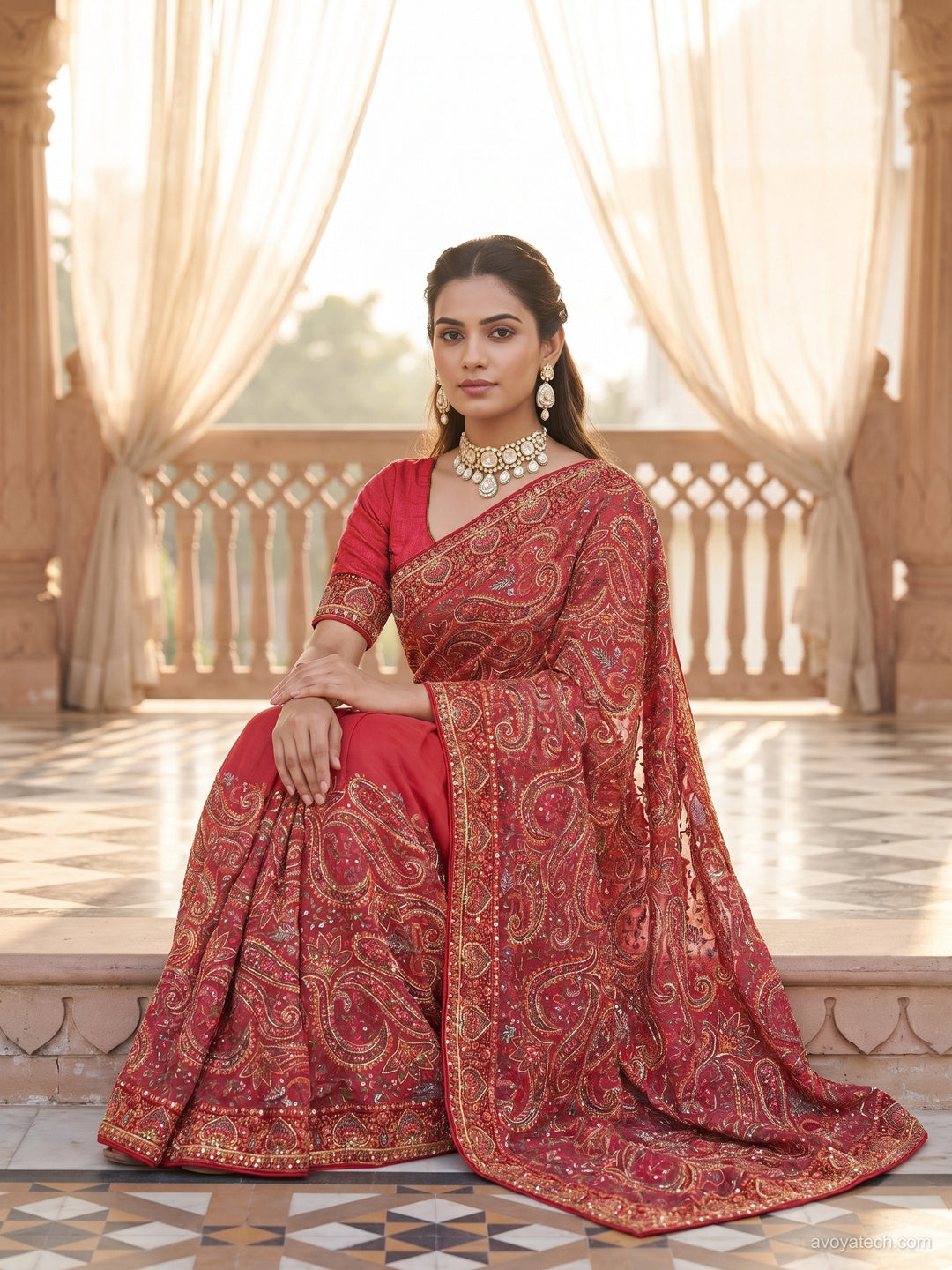 Georgette Saree with Paisley Zari & Sequin Border and Blouse Piece