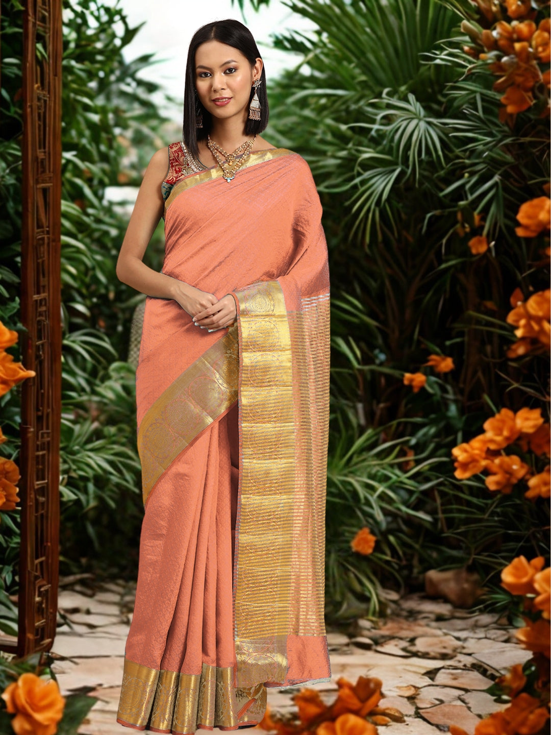 Resham Self Woven Traditional Silk Saree with Gold Zari Geometrical Border