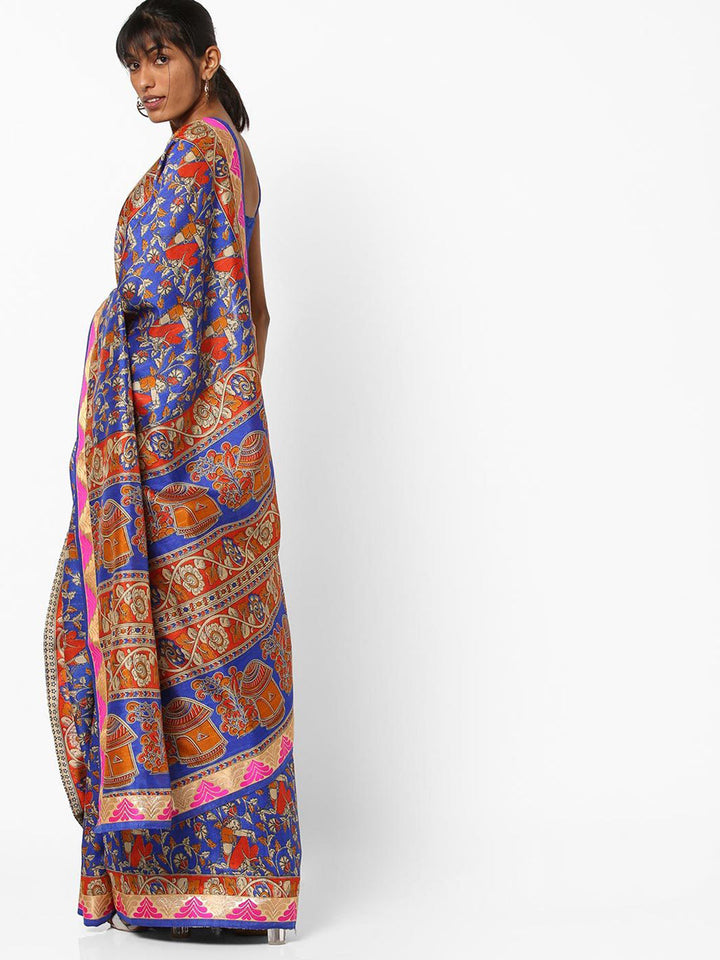 Blue Chanderi Cotton Silk Printed Saree with Maheshwari pattern and Banarasi Border
