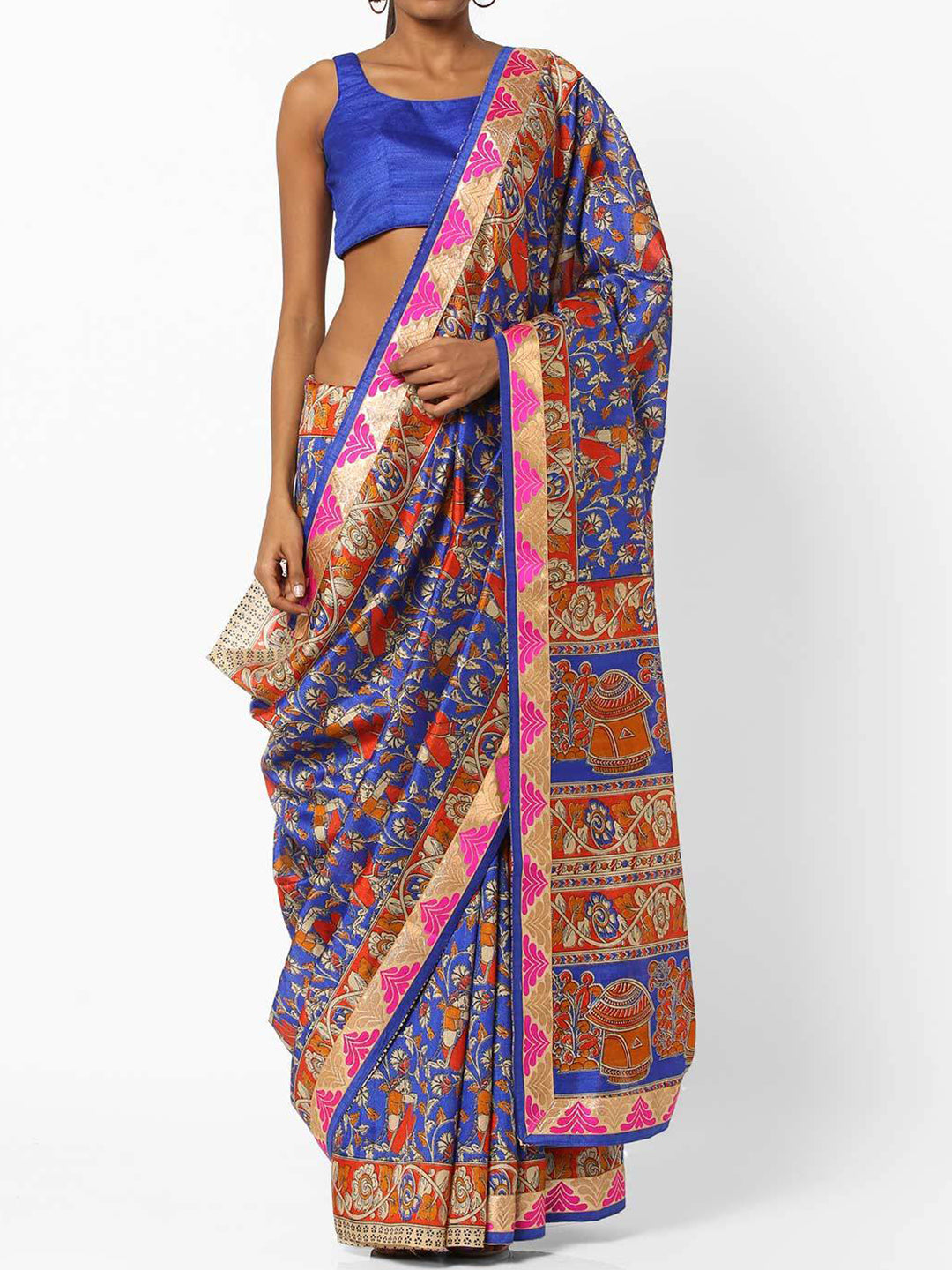 Blue Chanderi Cotton Silk Printed Saree with Maheshwari pattern and Banarasi Border