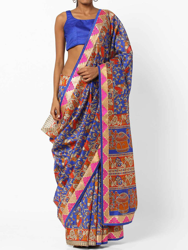 Blue Chanderi Cotton Silk Printed Saree with Maheshwari pattern and Banarasi Border