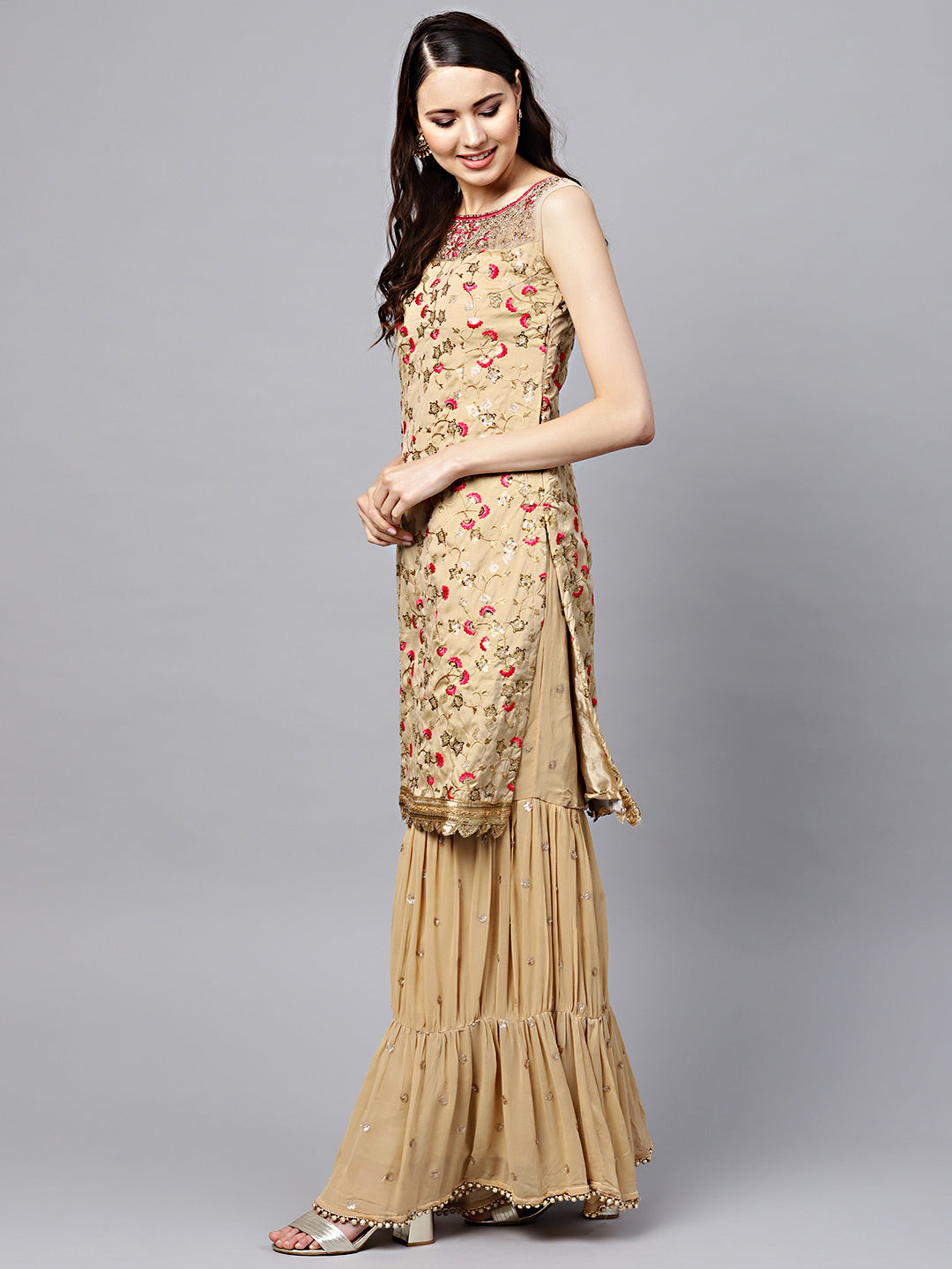 Kurta Sharara Set with Floral Zari Sequin Embroidery