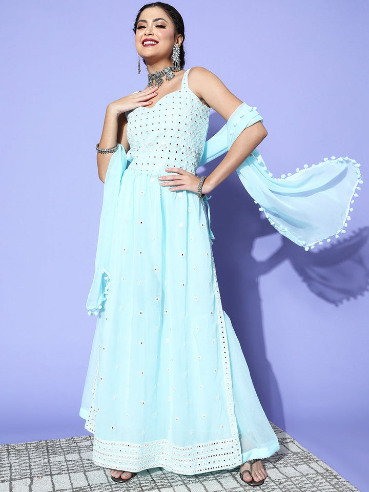 Pastel Sky Blue High Slit Nyraa Style Kurta Sharara Set