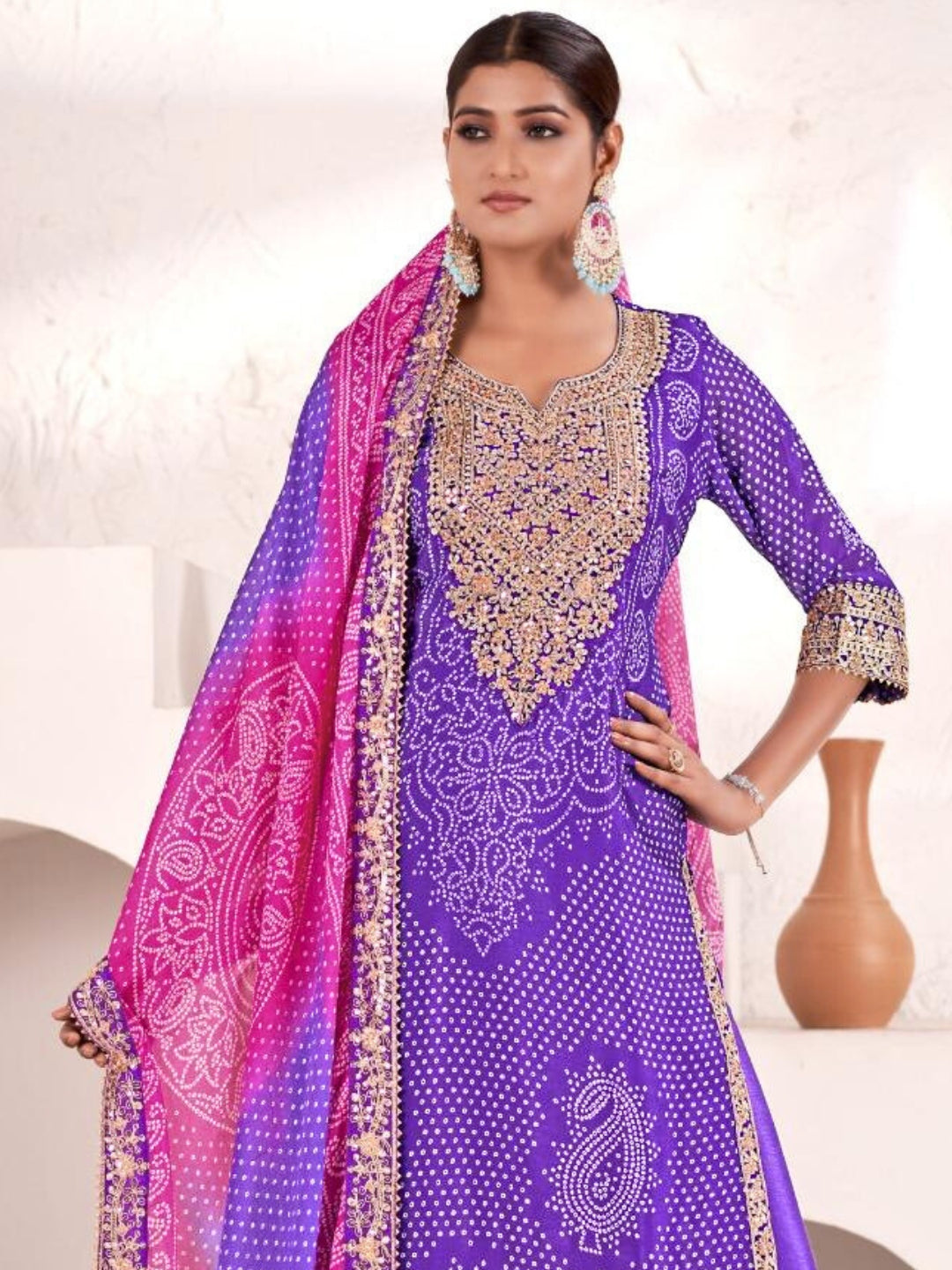 Chhabra 555 Bandhani Print Mirror Embellished Kurta Set with Embroidered Plazzo & Ombre Dupatta