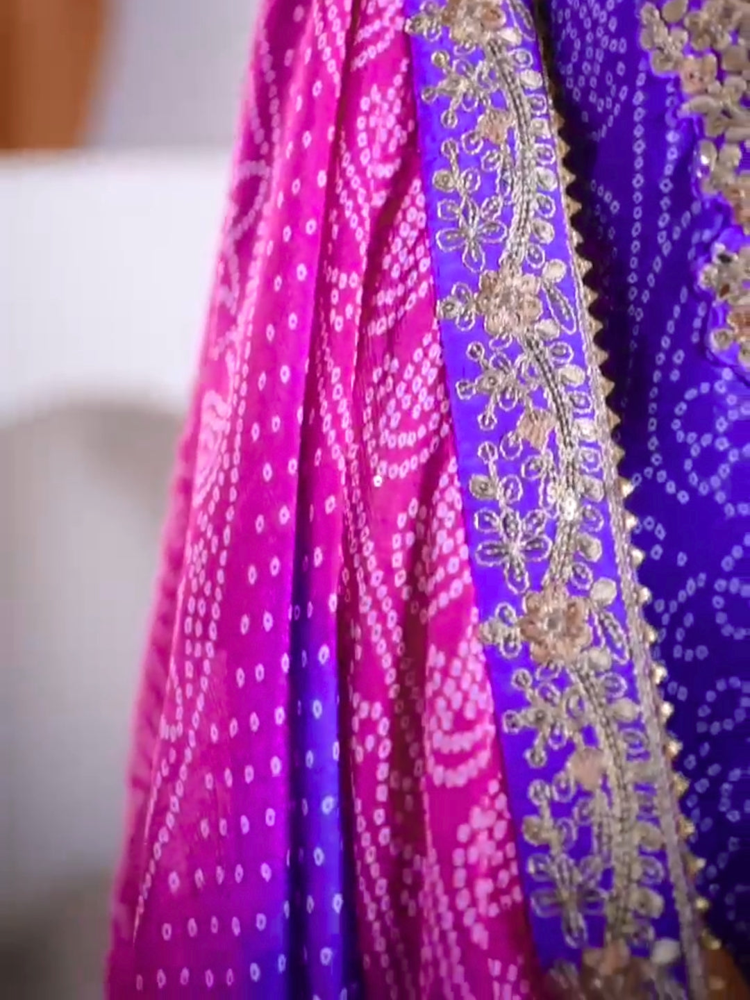 Bandhani Print Mirror Embellished Kurta Set with Embroidered Plazzo & Ombre Dupatta