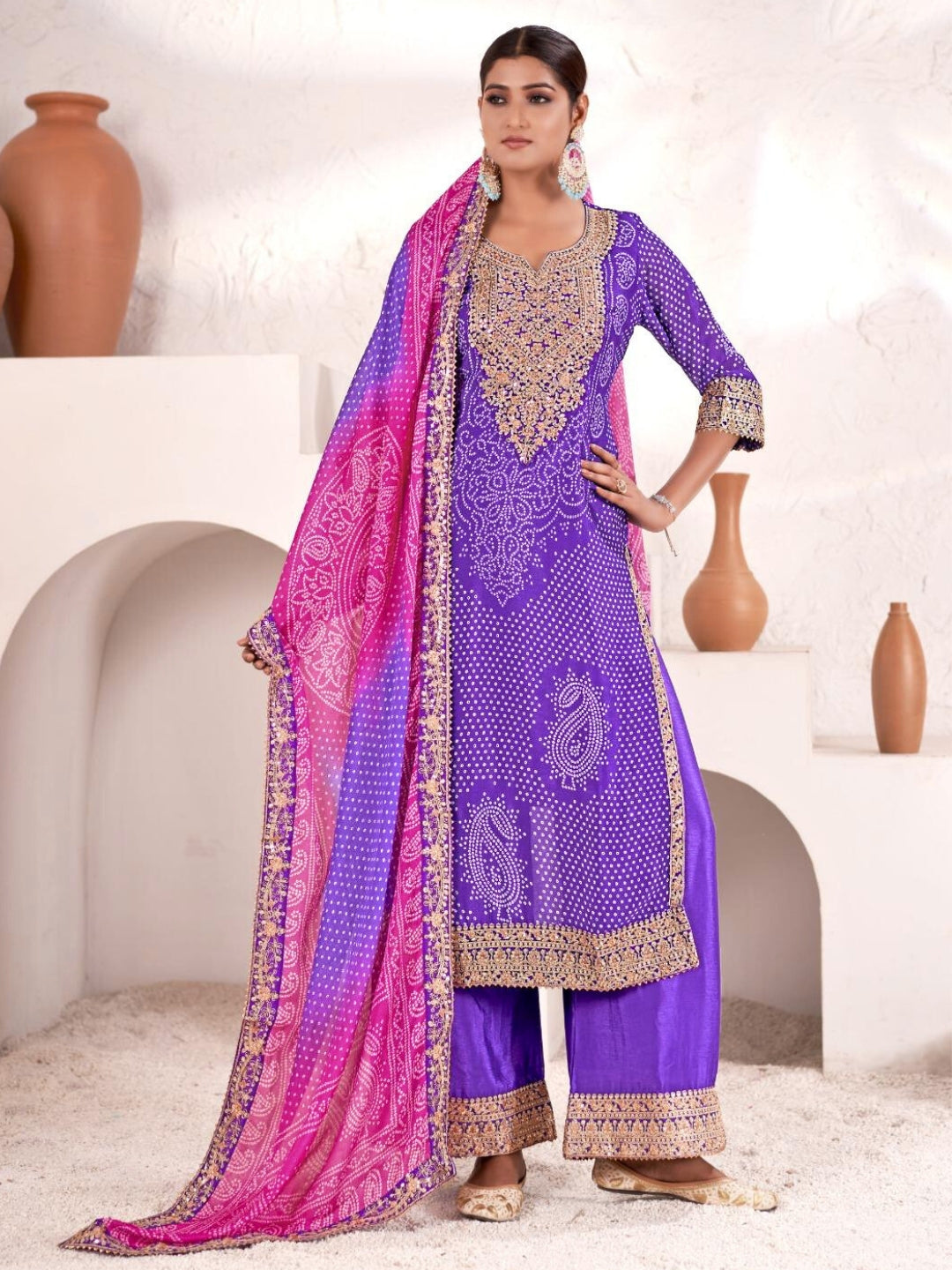 Bandhani Print Mirror Embellished Kurta Set with Embroidered Plazzo & Ombre Dupatta