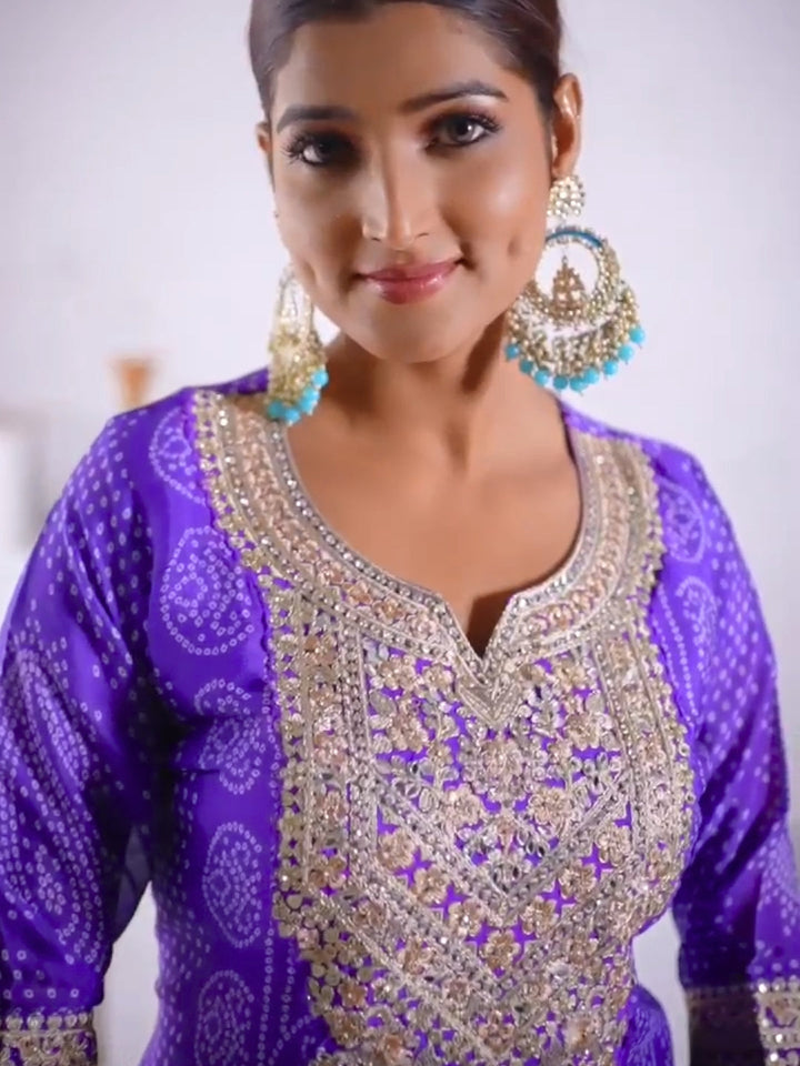 Bandhani Print Mirror Embellished Kurta Set with Embroidered Plazzo & Ombre Dupatta