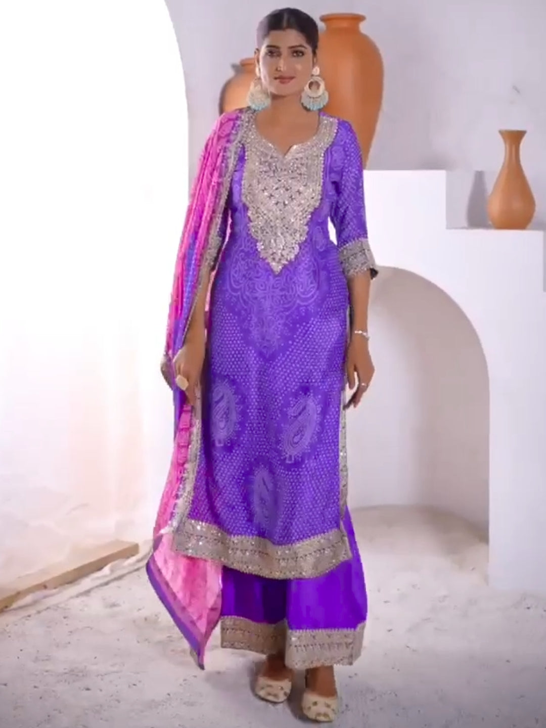 Bandhani Print Mirror Embellished Kurta Set with Embroidered Plazzo & Ombre Dupatta