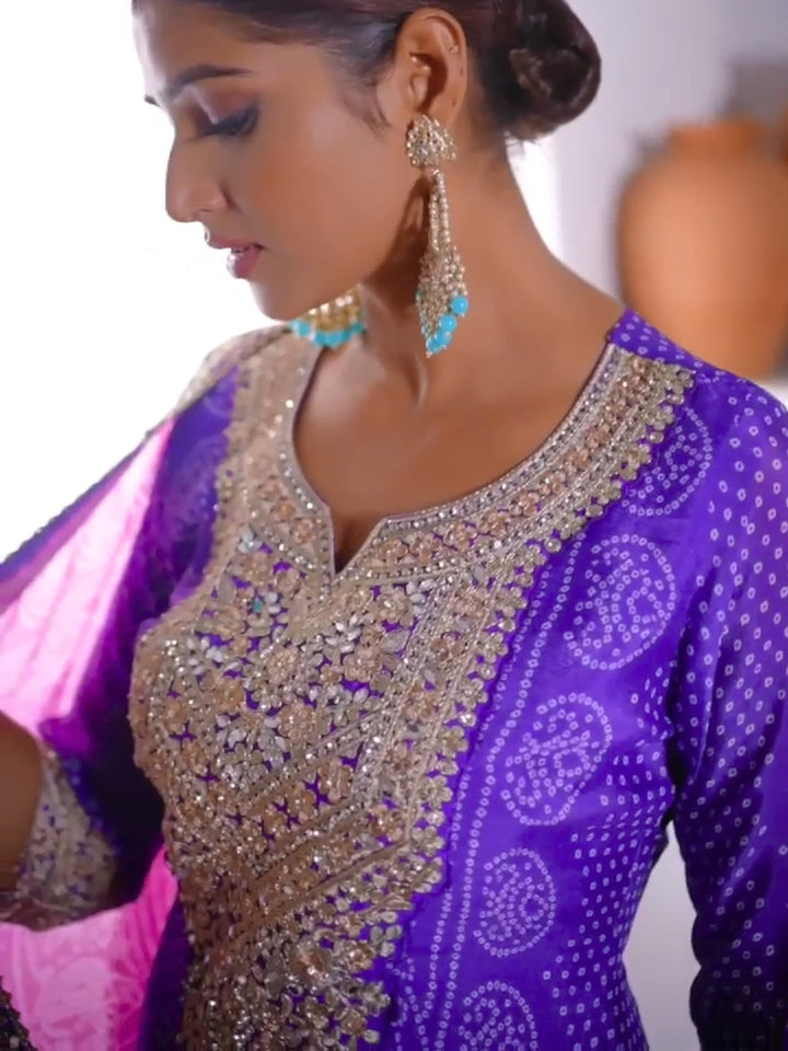 Bandhani Print Mirror Embellished Kurta Set with Embroidered Plazzo & Ombre Dupatta