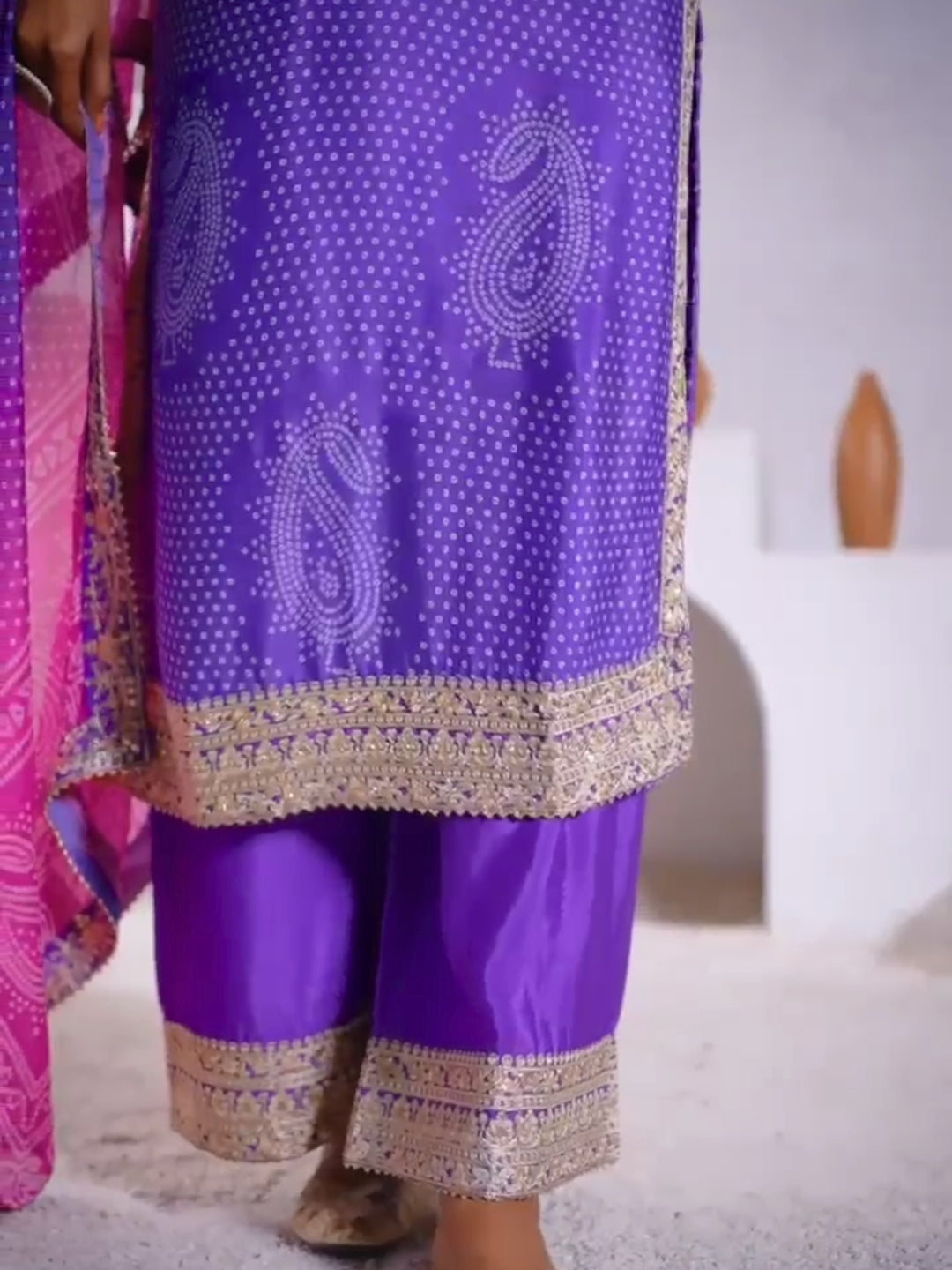 Bandhani Print Mirror Embellished Kurta Set with Embroidered Plazzo & Ombre Dupatta