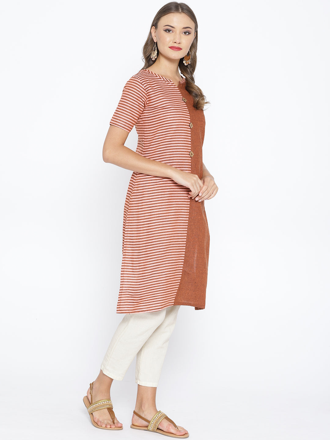 Brown Cotton Straight Kurta with Striped pattern