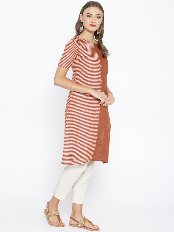 Brown Cotton Straight Kurta with Striped pattern
