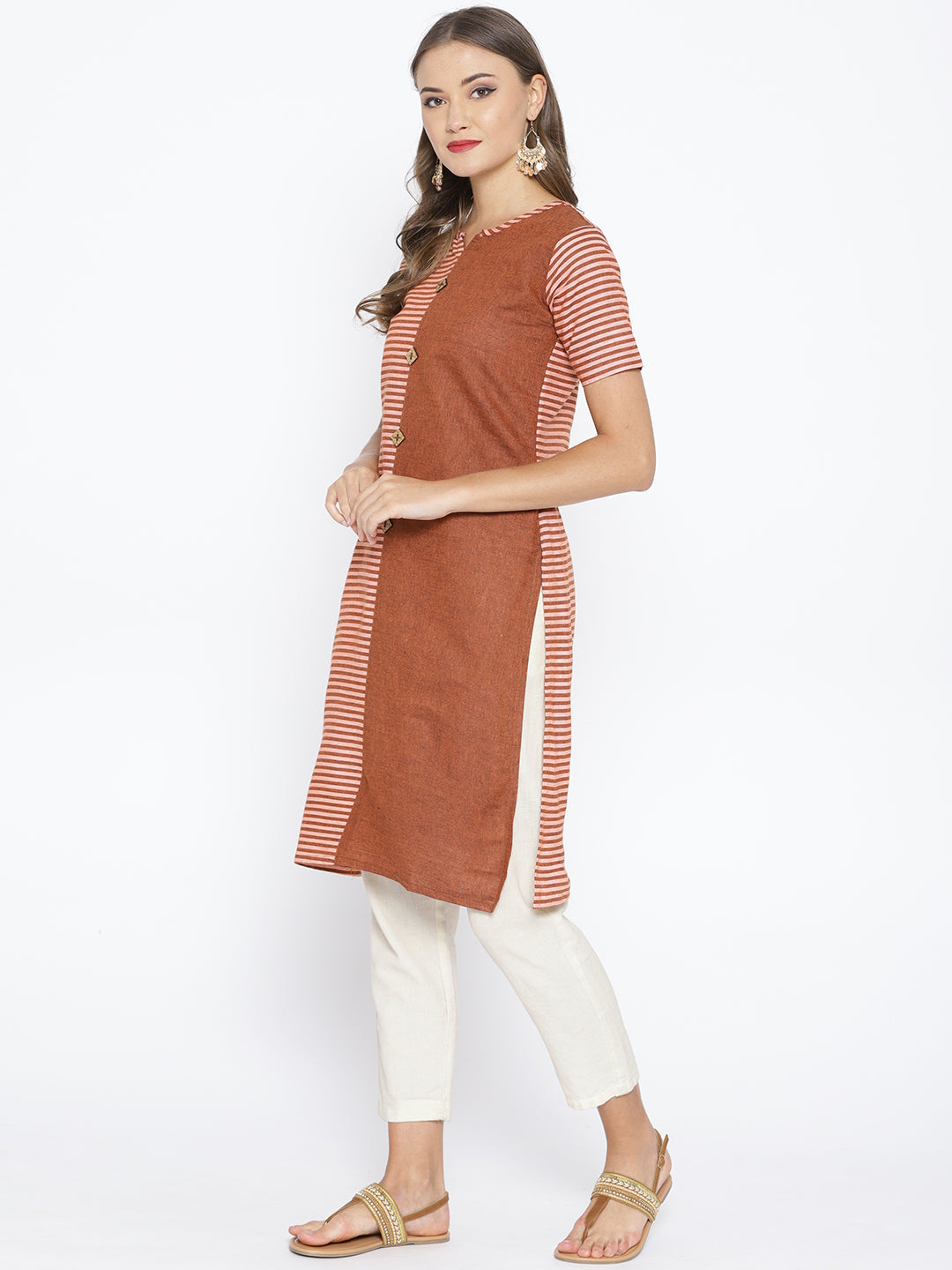 Brown Cotton Straight Kurta with Striped pattern
