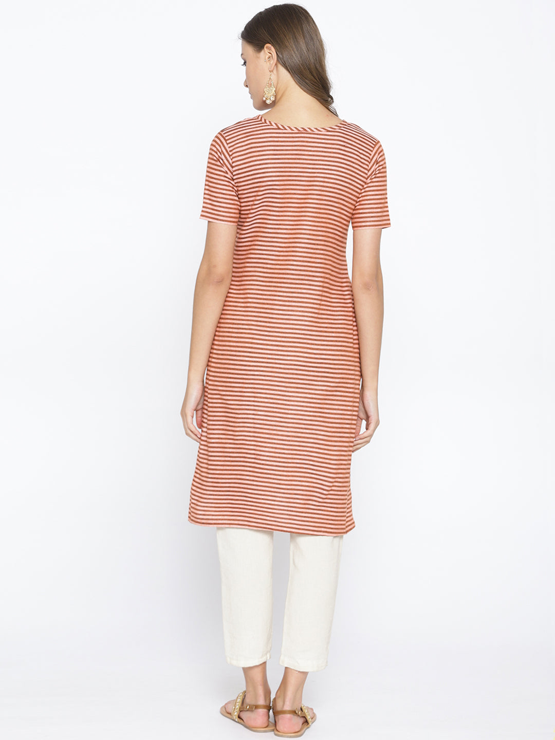 Brown Cotton Straight Kurta with Striped pattern