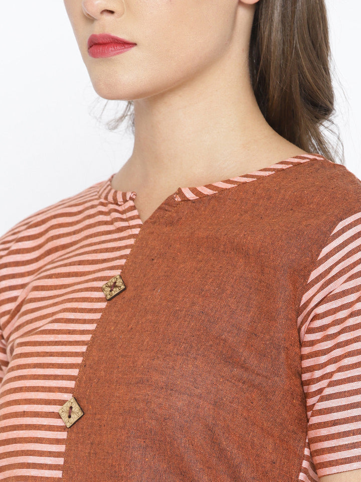 Brown Cotton Straight Kurta with Striped pattern