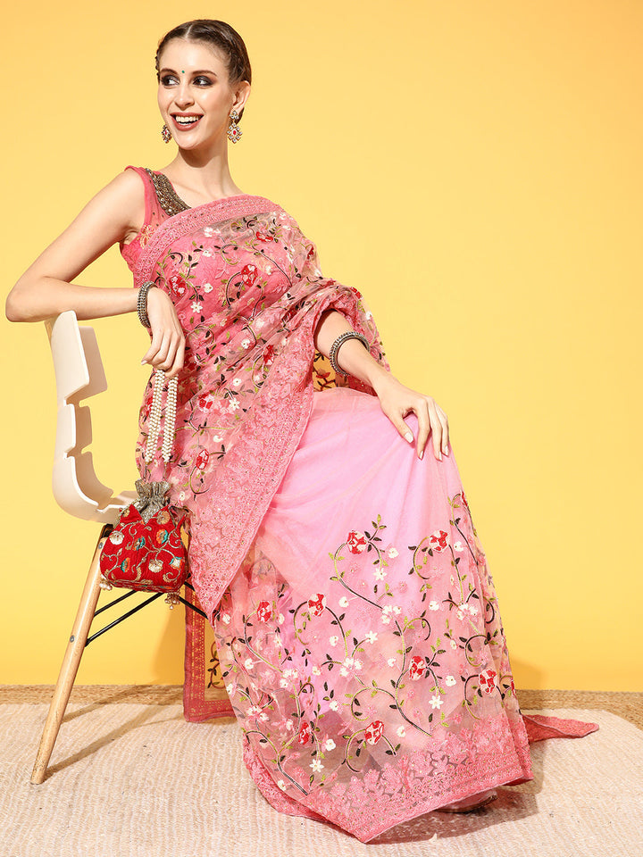 Pastel Pink Multi Color Resham Embroidered Tulle Saree