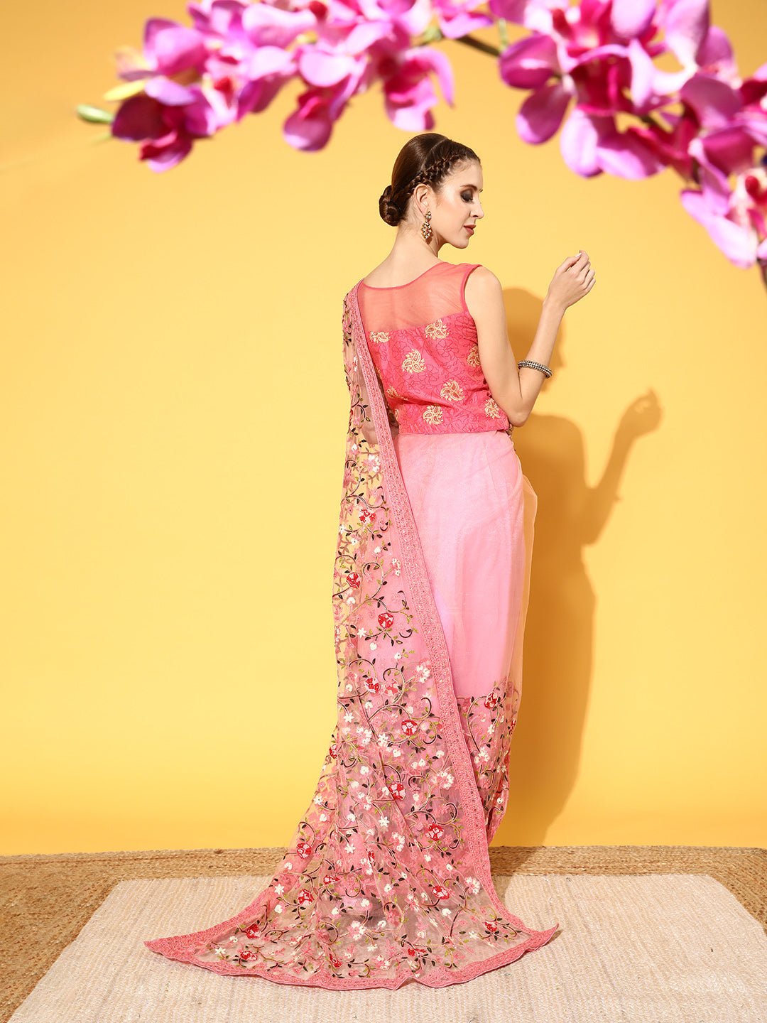 Pastel Pink Multi Color Resham Embroidered Tulle Saree