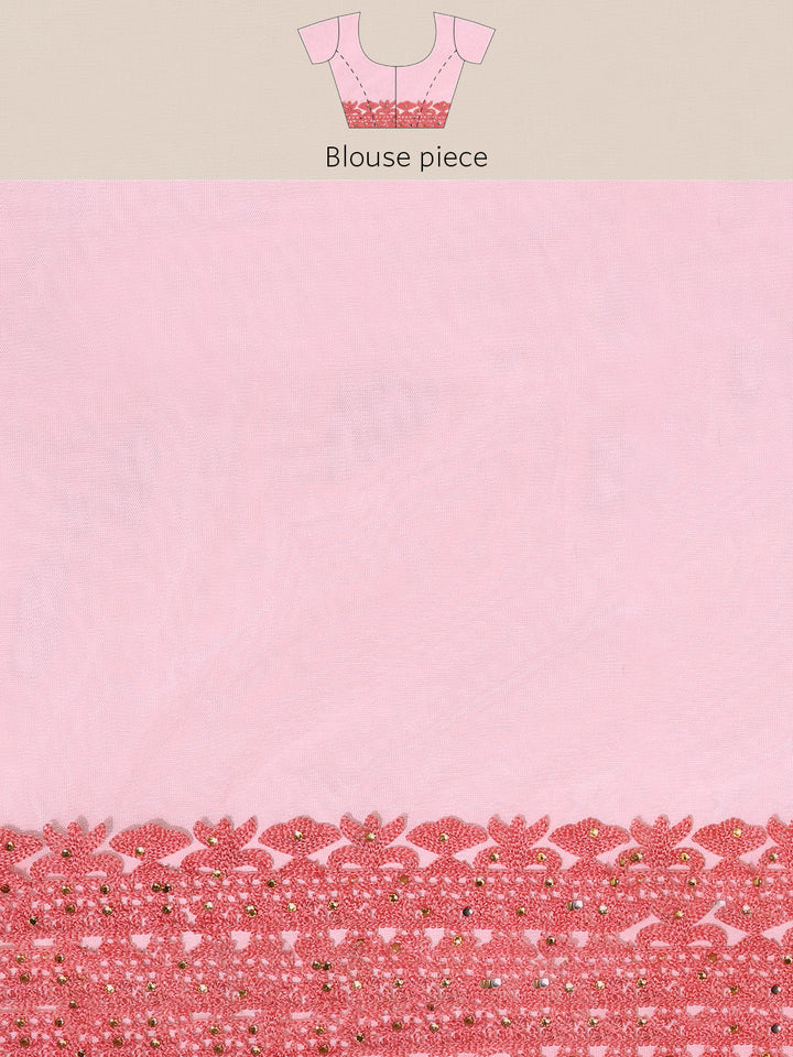 Pastel Pink Multi Color Resham Embroidered Tulle Saree