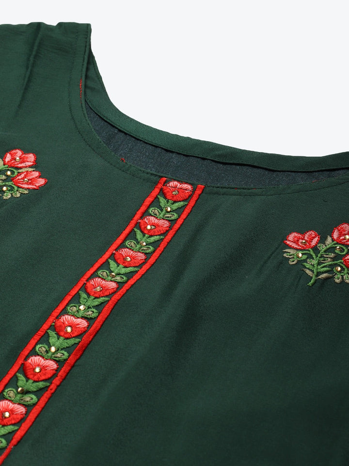 Green Resham Embroidered Crepe Dress Material with Contrast Dupatta