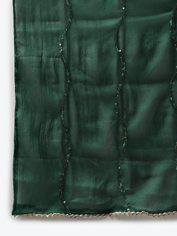 Green Resham Embroidered Crepe Dress Material with Contrast Dupatta