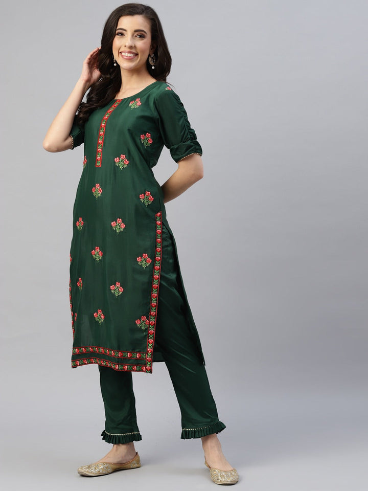Green Resham Embroidered Crepe Dress Material with Contrast Dupatta