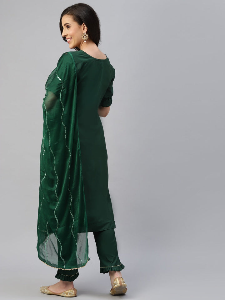 Green Resham Embroidered Crepe Dress Material with Contrast Dupatta