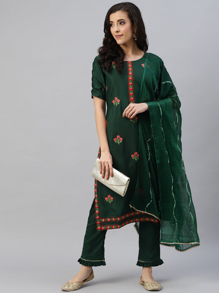 Green Resham Embroidered Crepe Dress Material with Contrast Dupatta