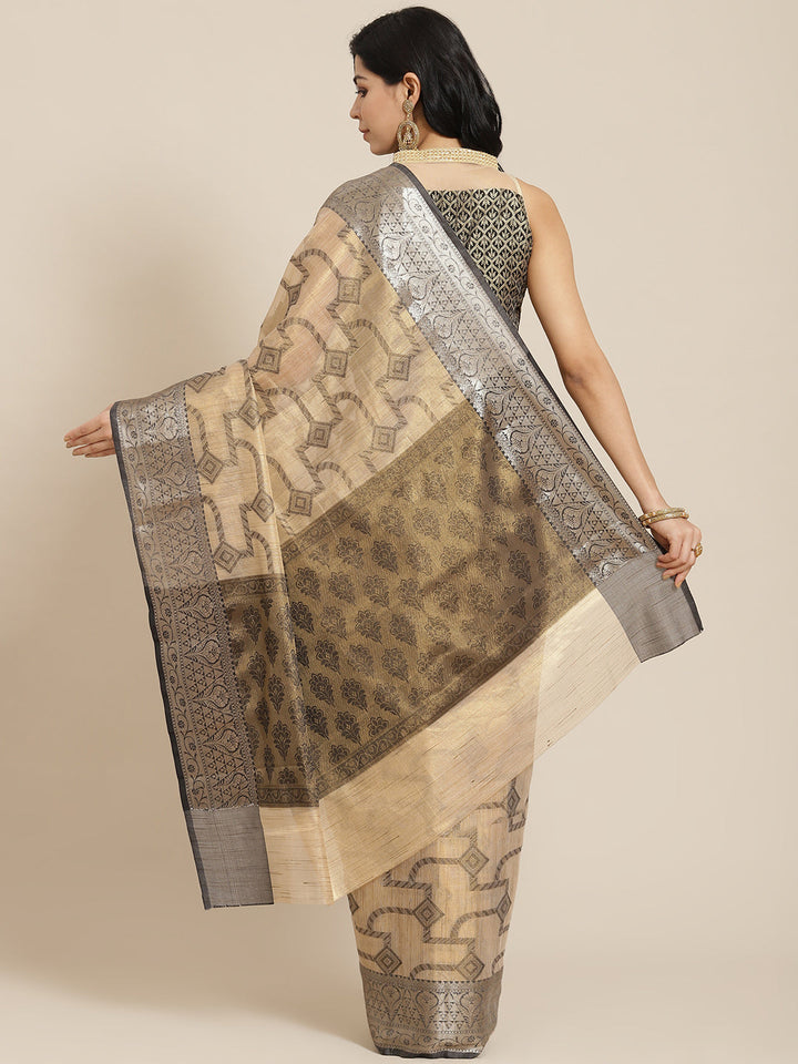 Grey Jute Silk Floral Geometrical Motifs Gold & Silver Banarasi Saree