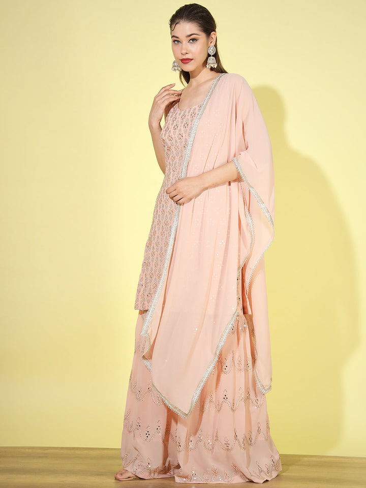 Peach Mirror Embroidered Kurta Set with Flared Jewel inspried sharara