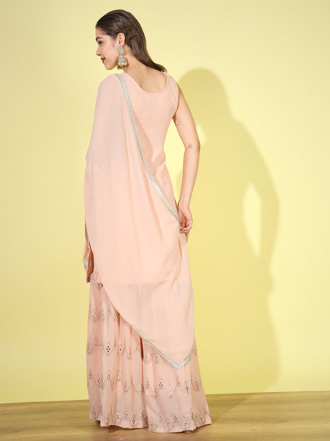Peach Mirror Embroidered Kurta Set with Flared Jewel inspried sharara