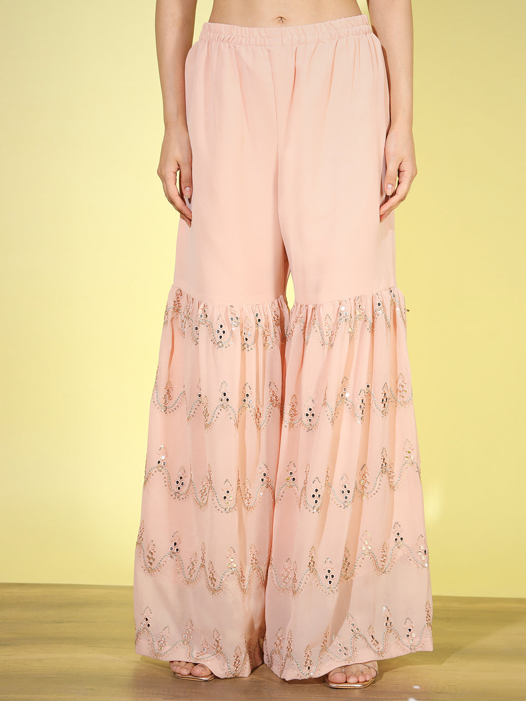 Peach Mirror Embroidered Kurta Set with Flared Jewel inspried sharara