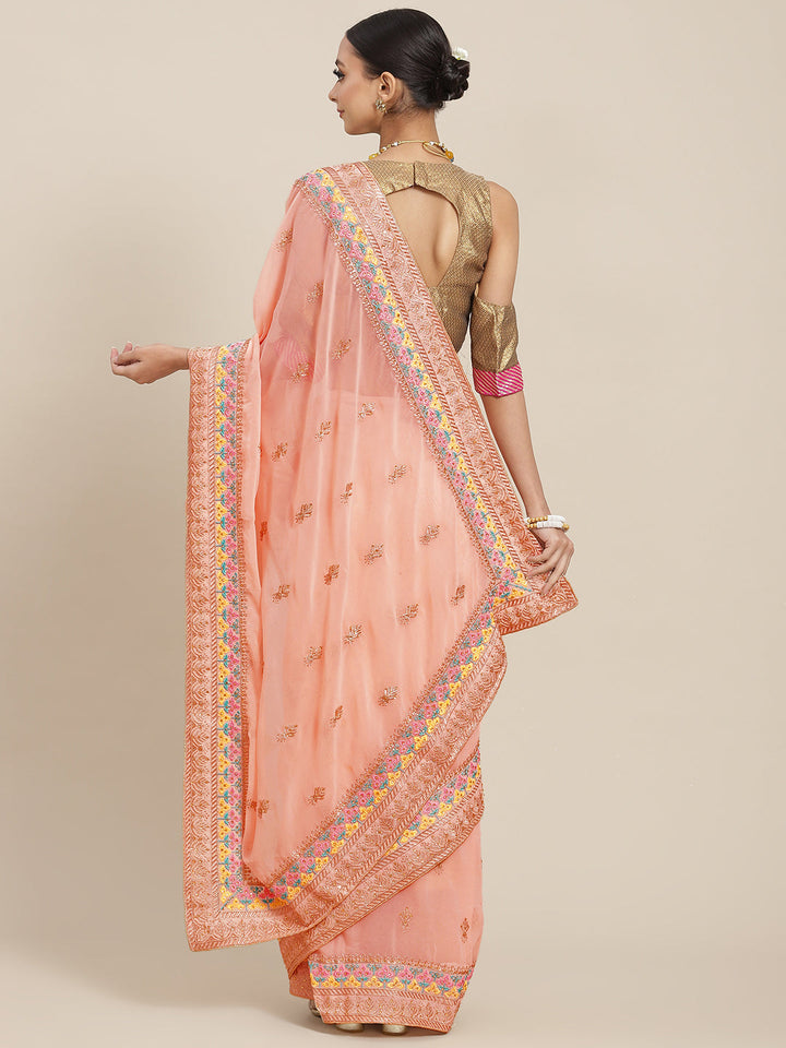 Pastel Peach Resham Thread & Crystal Embellished Georgette Saree