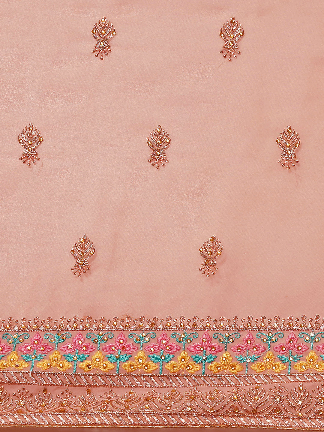 Pastel Peach Resham Thread & Crystal Embellished Georgette Saree