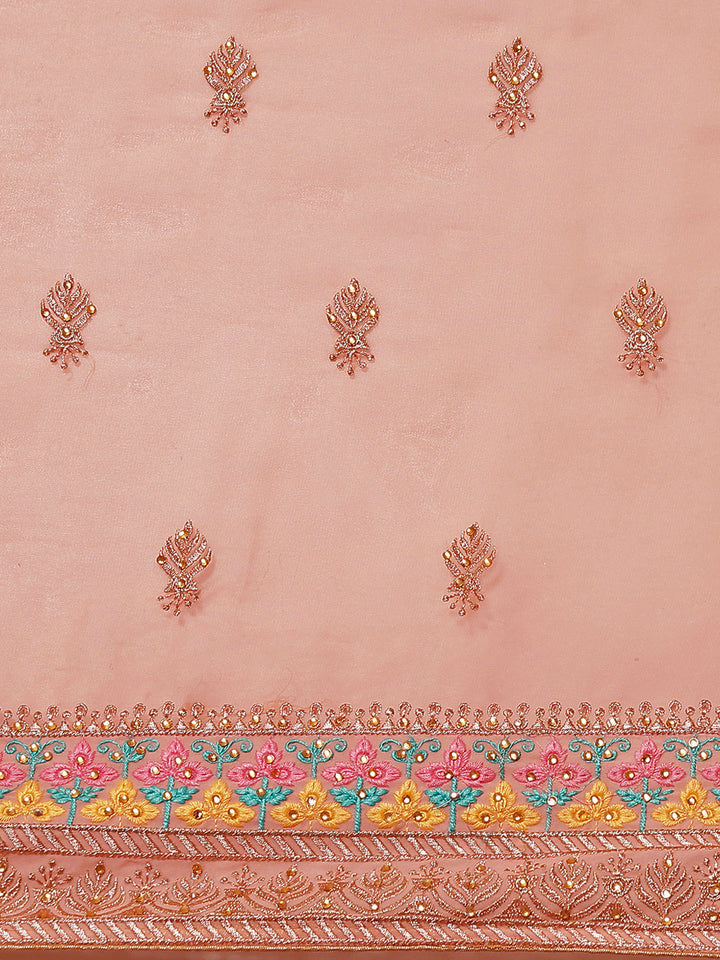 Pastel Peach Resham Thread & Crystal Embellished Georgette Saree