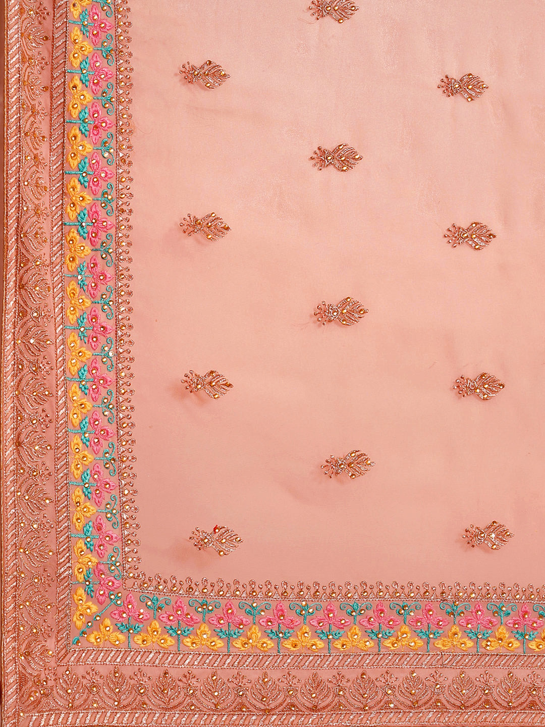Pastel Peach Resham Thread & Crystal Embellished Georgette Saree