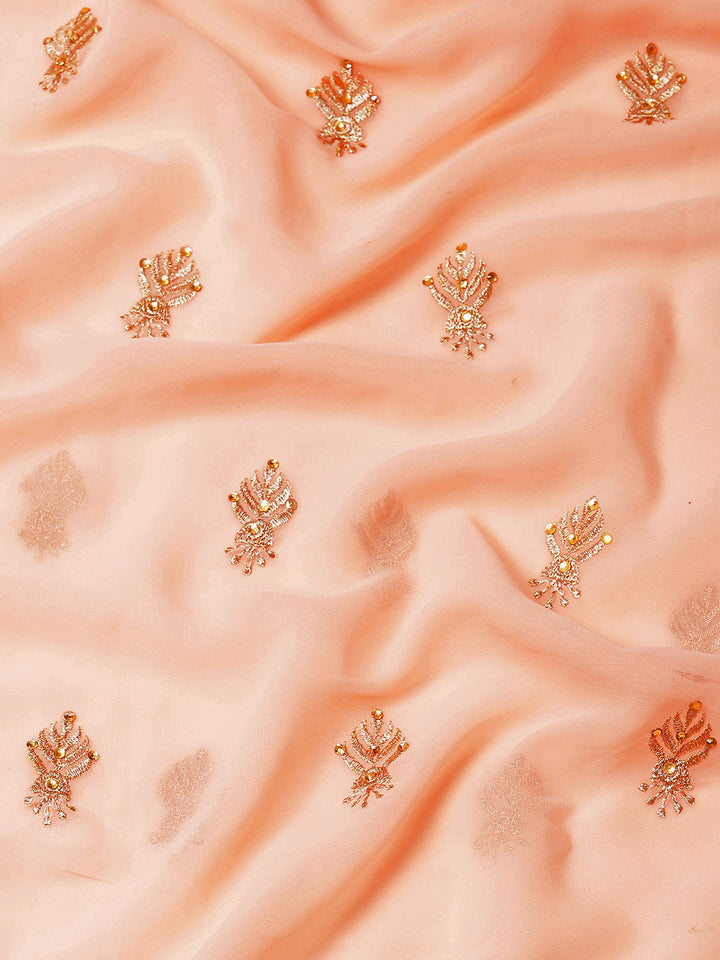 Pastel Peach Resham Thread & Crystal Embellished Georgette Saree