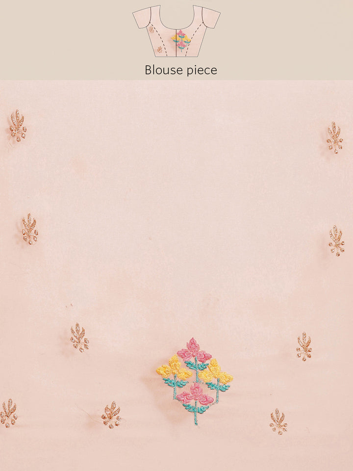 Pastel Peach Resham Thread & Crystal Embellished Georgette Saree