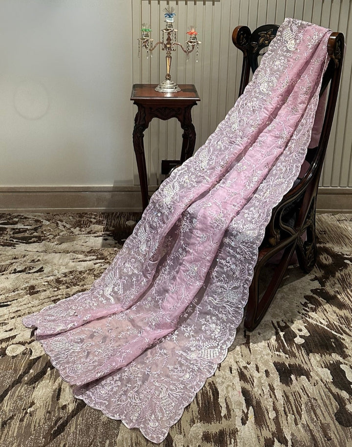 Charming Pink Organza Saree with Intricate Lace Work