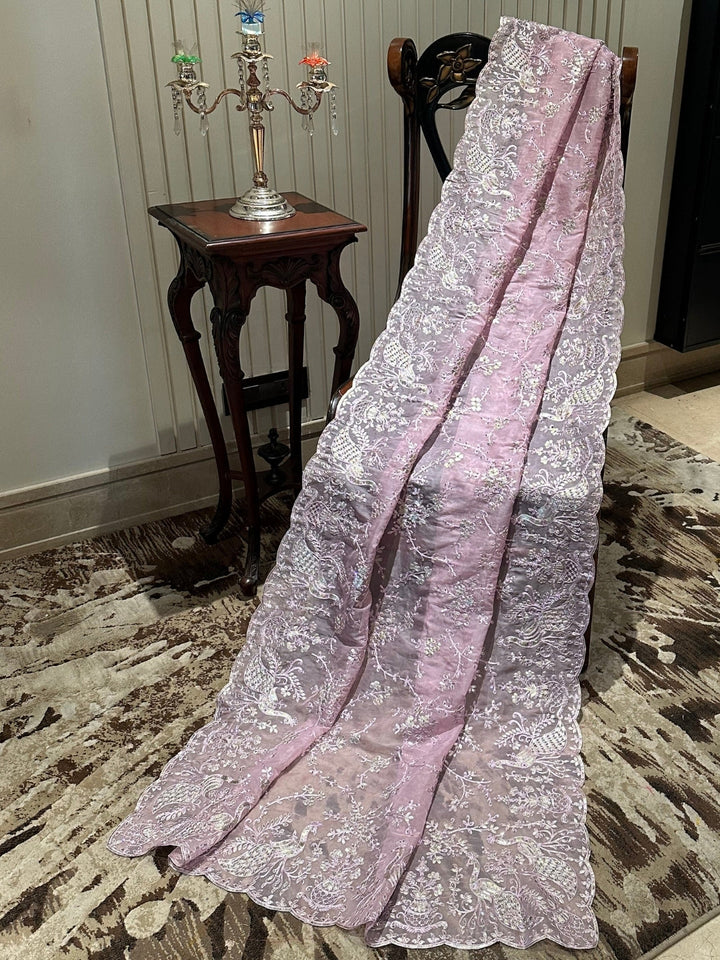 Charming Pink Organza Saree with Intricate Lace Work
