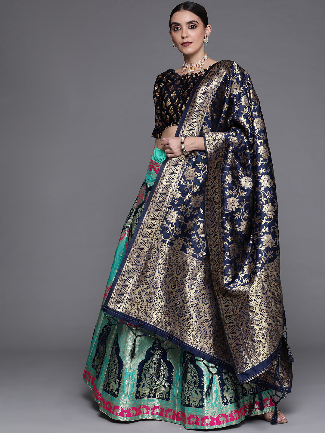 Navy Blue Silk Lehenga Choli with Zari & Resham Weaving