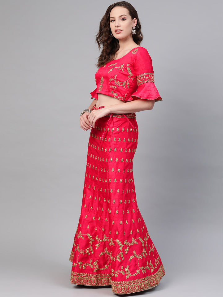 Zari and Aari Embroidered Semi-stitched Silk Lehenga
