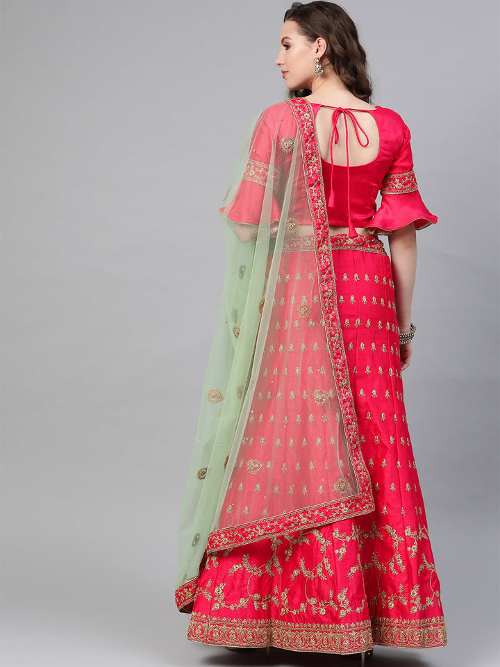 Zari and Aari Embroidered Semi-stitched Silk Lehenga